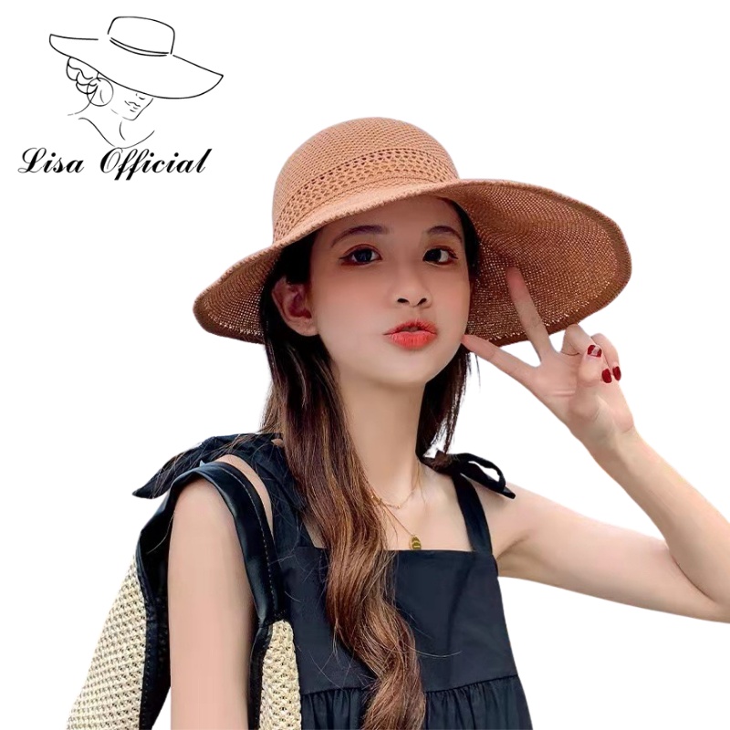 Mũ Cói Đi Biển 💖 Lisa Official 💖 Mũ Cói Mềm Hở Chóp Nơ Nau Vành Rộng Chống Nắng Phong Cách - SV-16