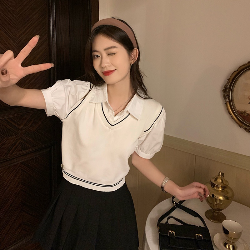 Áo sơ mi croptop XIAOZHAINV tay ngắn cổ bẻ màu sắc tương phản phong cách Hàn Quốc cho nữ