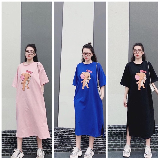 Đầm suông chất cotton cổ tròn in chuột freesize dáng dài - Váy ngủ thun co dãn from rộng 3 màu hình bé JERRY