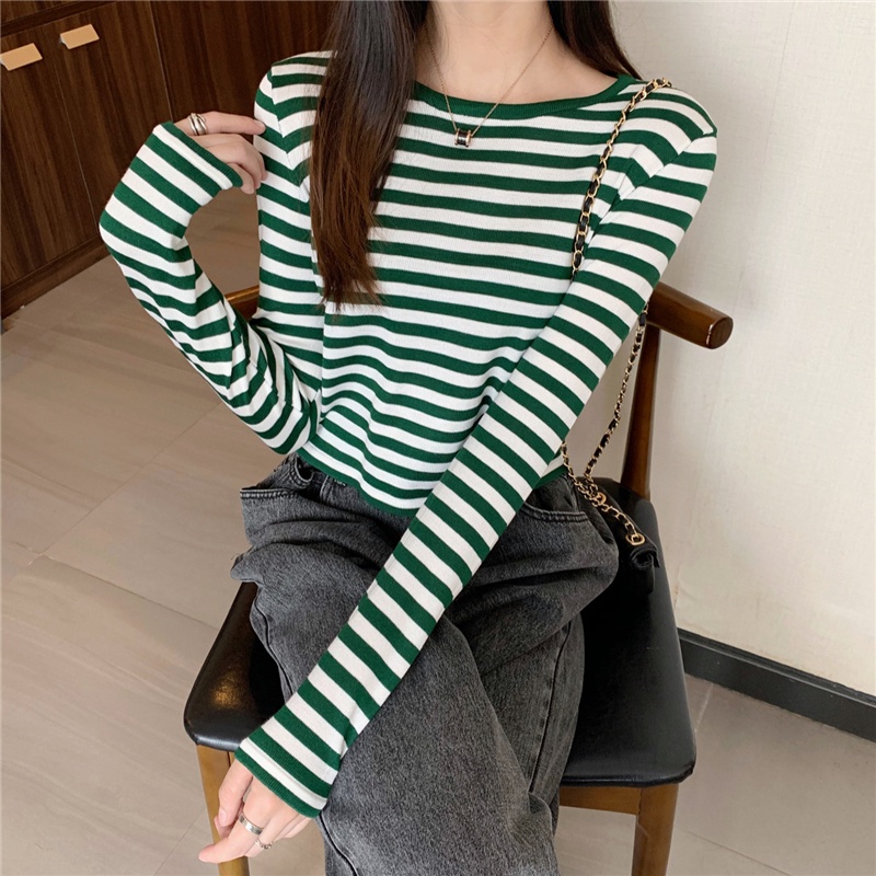 Áo len ZHELIHANGFEI tay dài cổ tròn họa tiết kẻ sọc thời trang