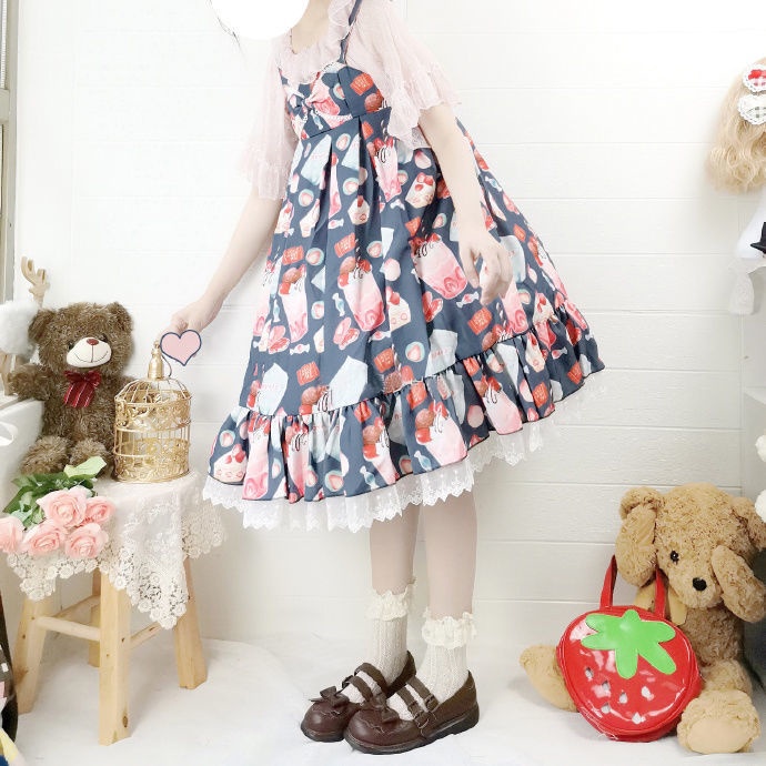 Đầm Lolita Hai Dây Họa Tiết Dâu Tây Dễ Thương Cho Nữ
