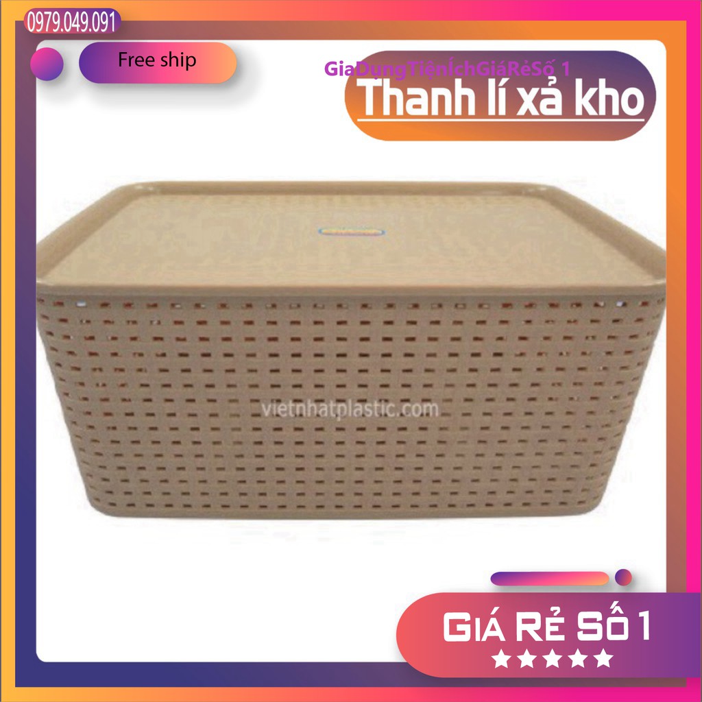 Rổ Nàn nhựa có nắp giả mây đa năng Việt Nhật size Bé.3386