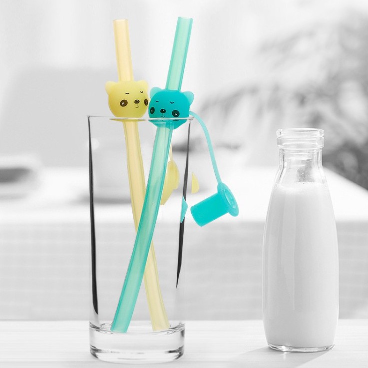 Ống hút silicon tái sử dụng có nắp đậy hình gấu cute