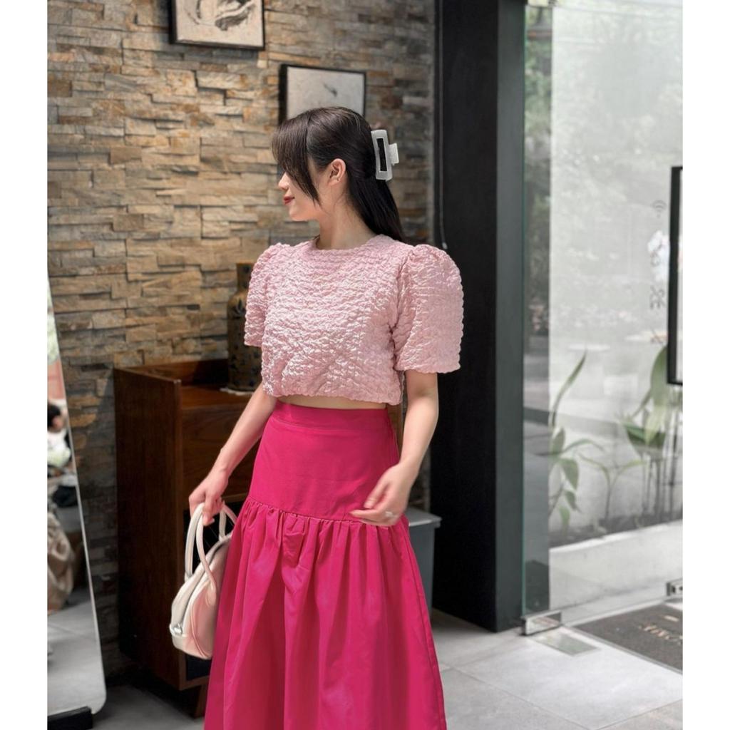 SET ÁO CROTOP XỐP NHÚN TAY PHỒNG CHÂN VÁY MIDI XẾP LY HỒNG SEN (TH)