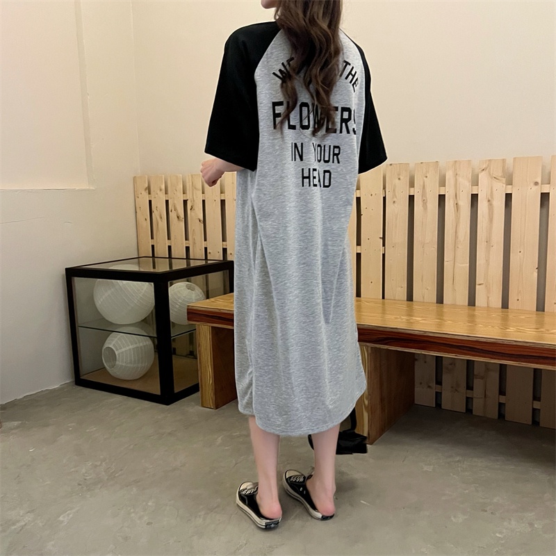 SUXI Đầm Tay Ngắn Cổ Tròn Hoạ Tiết Chữ In Thiết Kế Đơn Giản Cho Phái Nữ