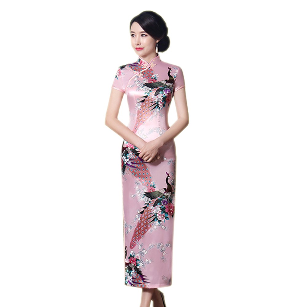 Peacock Print Women Chinese Long Cheongsam Bridesmaid Evening Dress | BigBuy360 - bigbuy360.vn