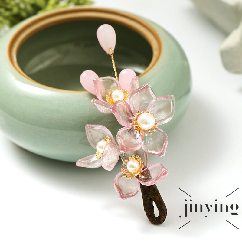 ❤S Wind Antique Style Hairpin Fresh Retro Imitated Jade Pink Flower Hair Accessories Fashion Han Chinese Clothing Hair O