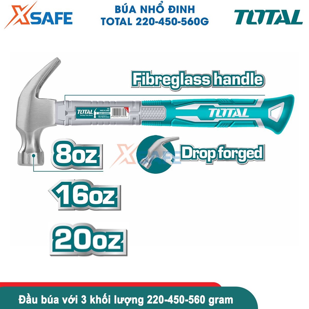 Búa đóng đinh đa năng TOTAL 220-450-560 gram thép Cr-V búa nhổ đinh cầm tay đóng đinh bê tông tường gỗ, sửa chữa cơ khí