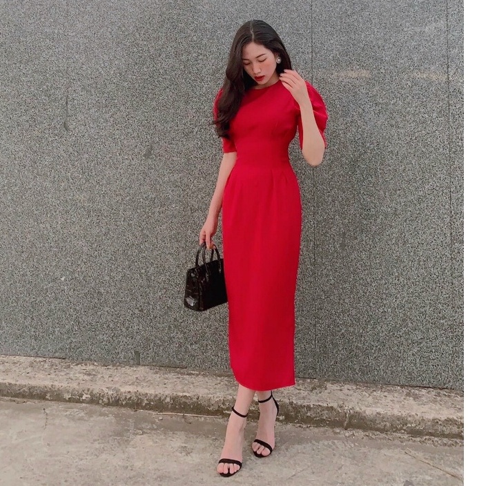 Đầm Dự Tiệc Dáng Dài,Maxi cổ Tròn Chít Eo Tay Bồng Ngắn (Cotton Full 2 Lớp) Tiểu Thư Dạo Phố Thời Trang Váy Nữ Minh Phúc