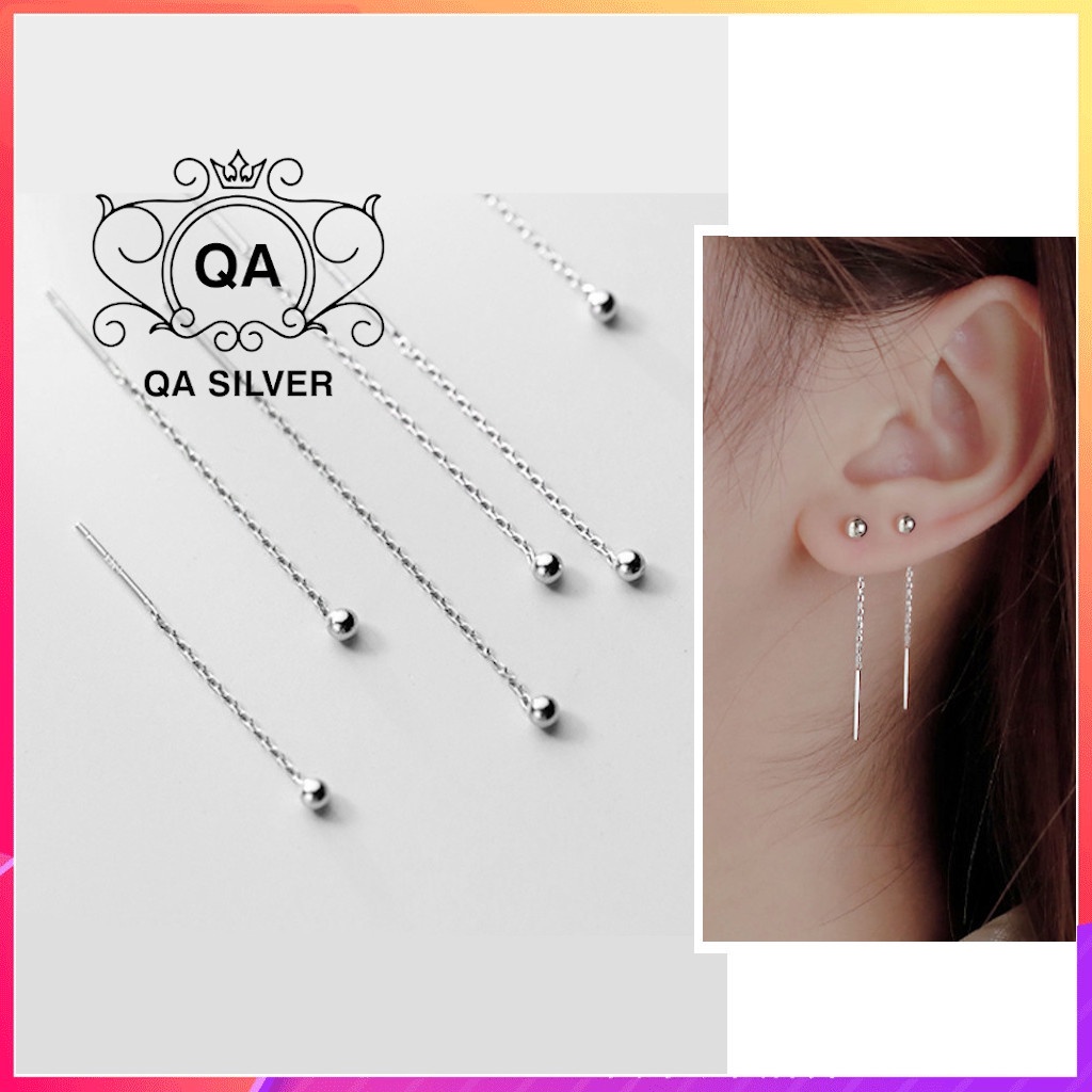 Khuyên tai bạc 925 dài bi bạc dây xích bông nữ sợi mảnh S925 CHAIN Silver Earrings EA170101