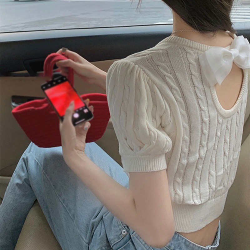 Áo Croptop Dệt Kim Tay Phồng Cổ Tròn Hở Lưng Màu Trơn Phong Cách Hàn Quốc Thời Trang Mùa Hè Cho Nữ