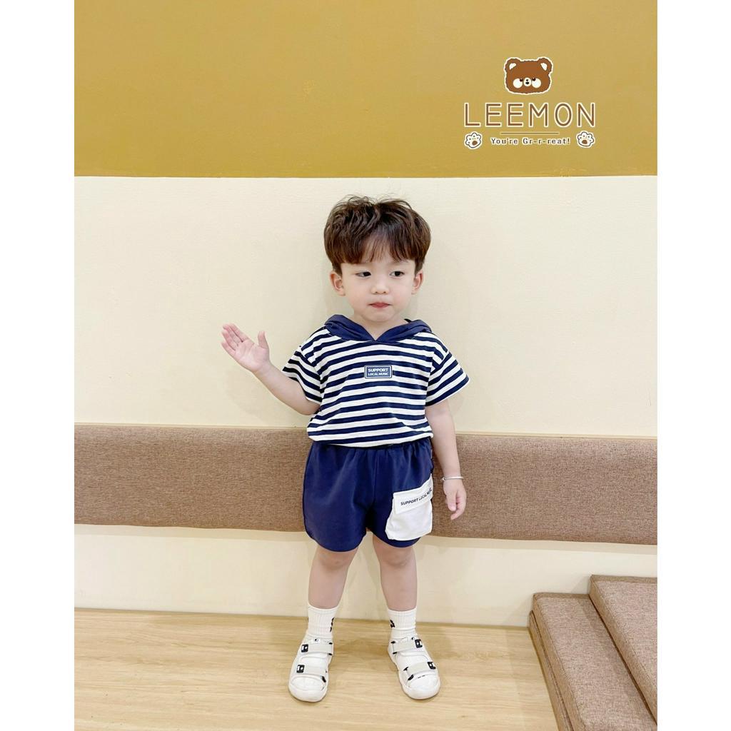Bộ thun bé trai kiểu HOODIE kẻ ngang in tag trước ngực