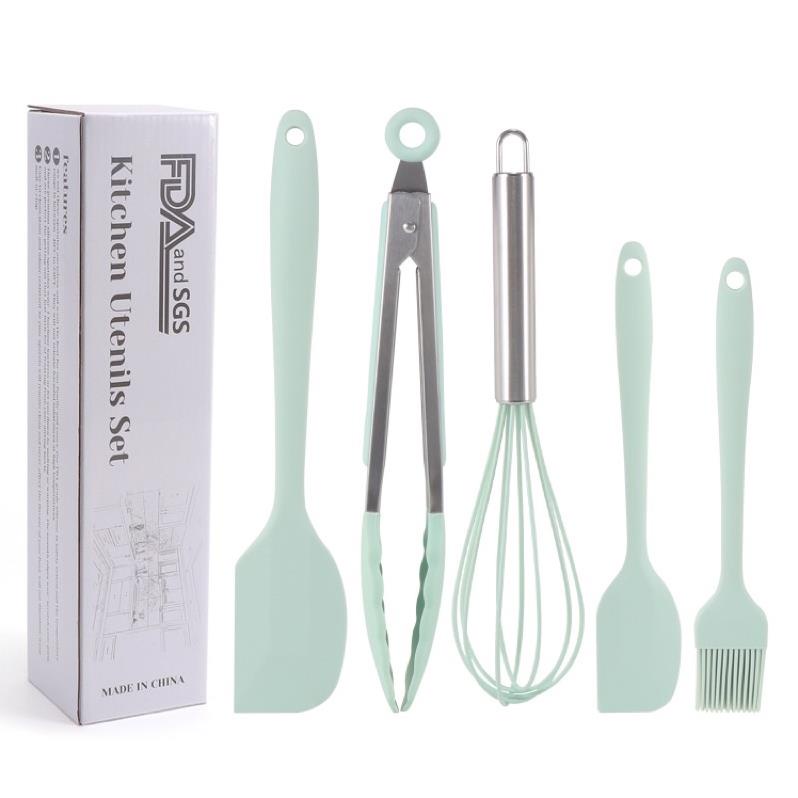 Bộ dụng cụ làm bánh 5 chi tiết bằng silicon chịu nhiệt: phới silicon, kẹp gắp đồ nóng, chổi quét dầu silicon