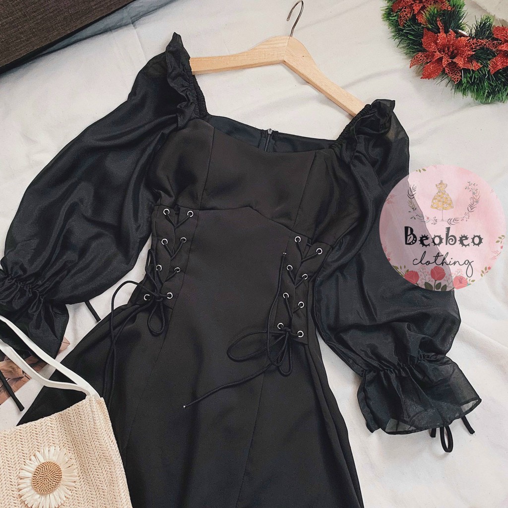 Đầm đen cổ u tay voan phồng đan dây eo vintage