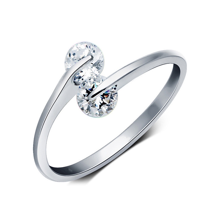 925 Silver Double Diamond Ring Open Ring Adjustable Size Simple Korean Style Ring Women Fashion Ring