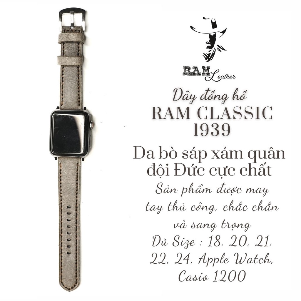 Dây đồng hồ da bò xám sang trọng RAM Leather 1939 handmade bền chắc cực đẹp - tặng khóa chốt và cây thay dây
