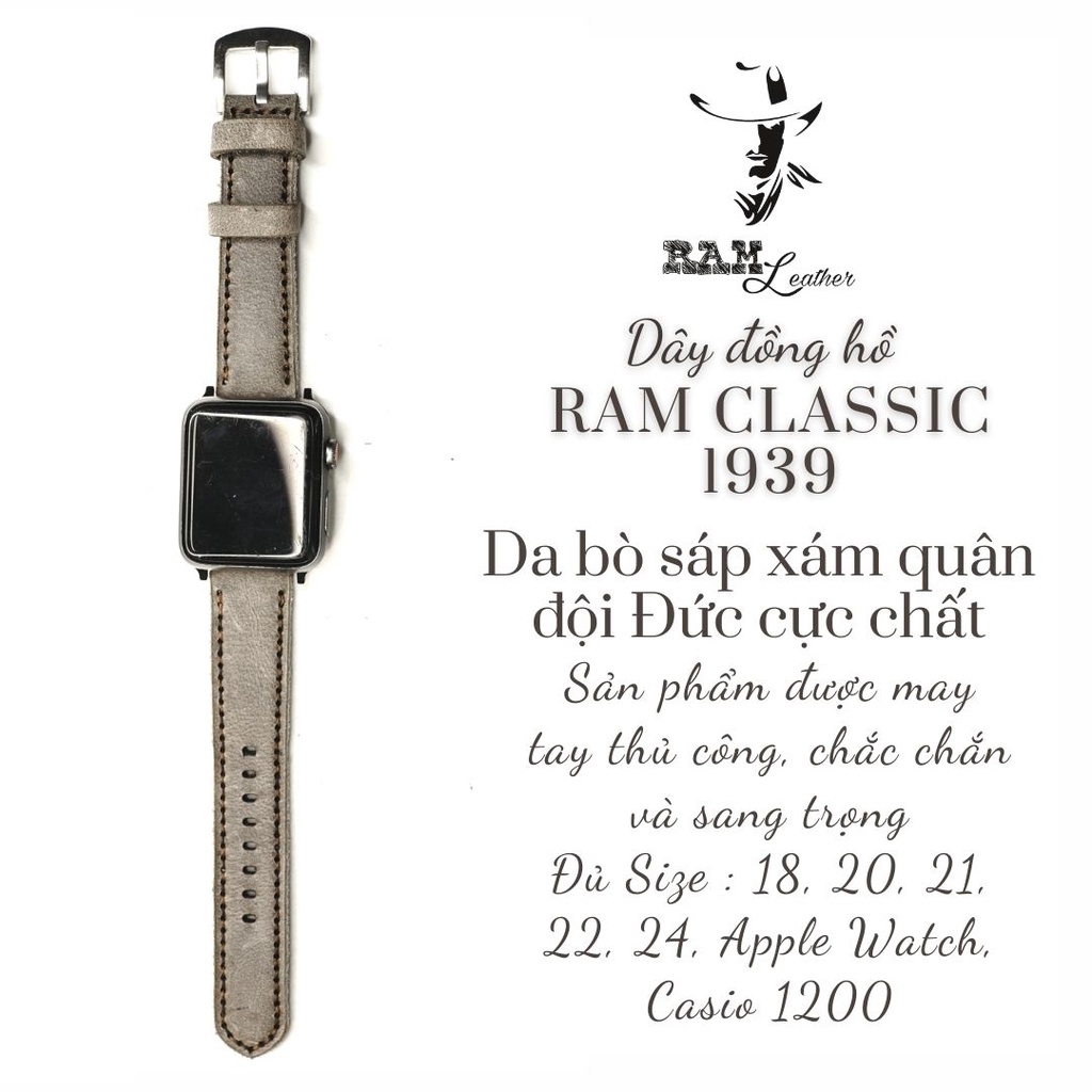 Dây đồng hồ RAM Leather 1939 cho CASIO 1200, AE 1200, 1300, 1100, A159 , A168 , Size 18 da bò xám quân đội