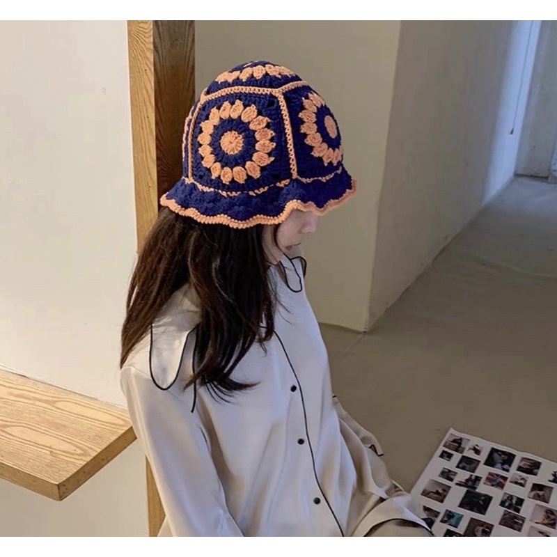 Nón bucket len móc cao cấp hoa cúc lớn