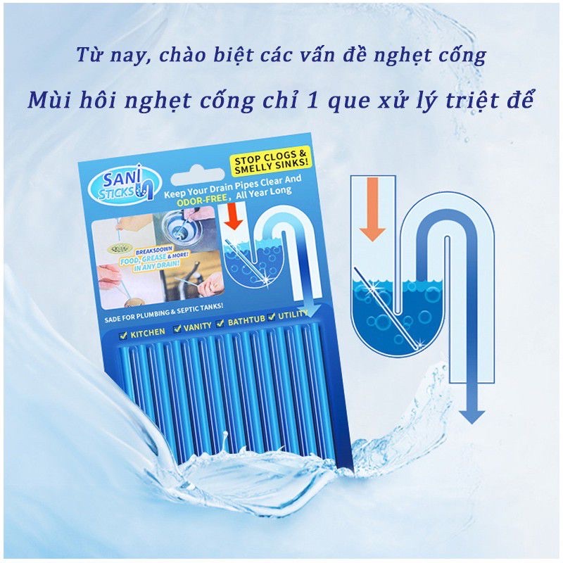 Que Chống Tắc Bồn Rửa Chén Bát, Rửa Mặt, Bồn Cầu SANI STICKS Vĩ 12Que - Loại Bỏ Cặn Bẩn, Thông Đường Ống Thoát Nước