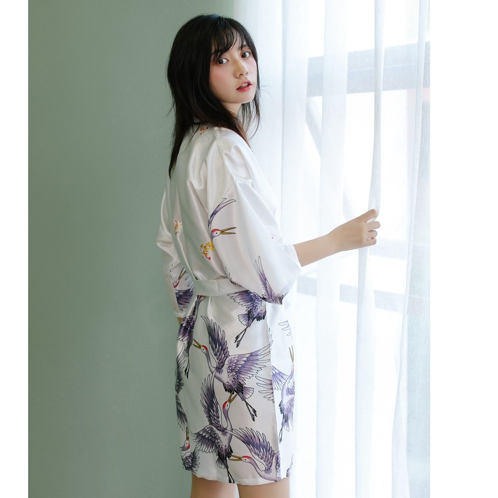 Áo Choàng Tắm - Kimono Ngủ Lụa Cao Cấp In Hình Chim Hạc Sang Trọng🌸 Yukata Mặc Nhà