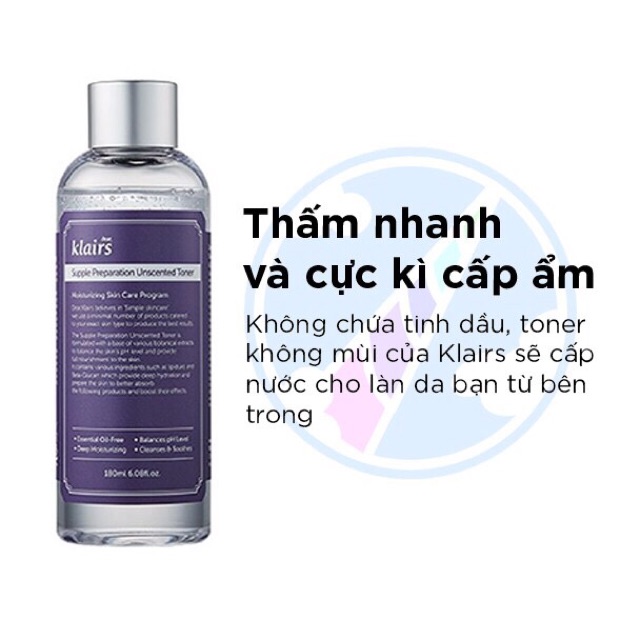 [HÀNG CÔNG TY] Nước Hoa Hồng, Nước hoa hồng Klairs Supple Preparation Facial Toner 180ml HÀN QUỐC