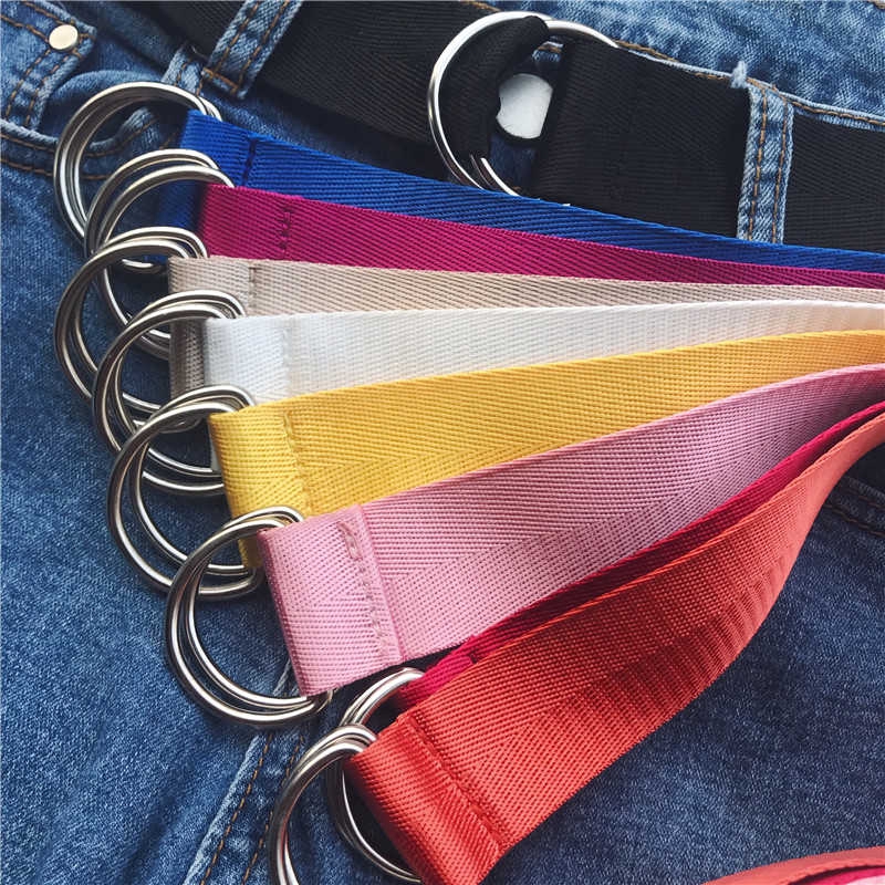 Dây thắt lưng canvas màu trơn có khóa vòng bản rộng phong cách Harajuku Hàn Quốc dành cho nữ