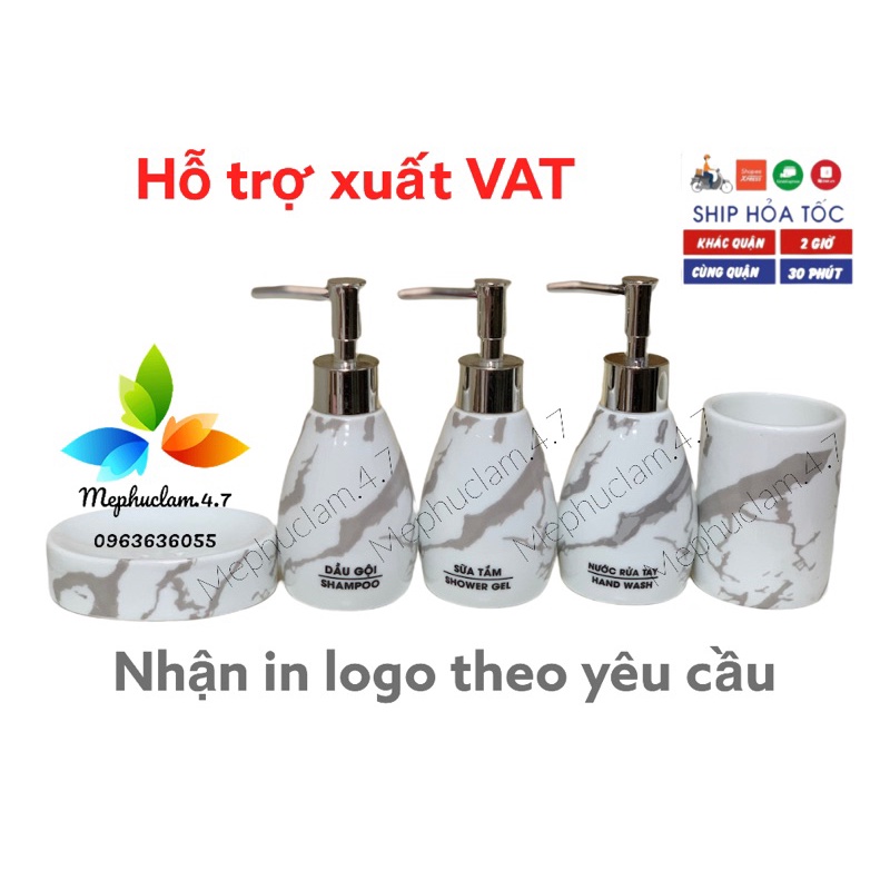 Bình sứ đựng dầu gội, sữa tắm, nước rửa tay,...bằng gốm sứ Bát Tràng men vân đá dáng xoài cho khach sạn, resort,homestay