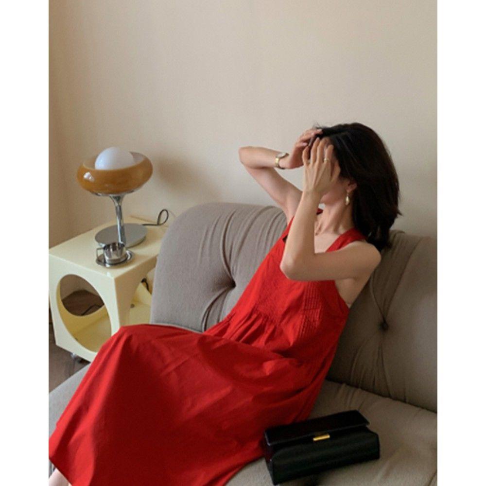 Đầm Dáng Chữ a Hai Dây Hở Lưng Màu Đỏ Phong Cách Pháp 2022 Thời Trang Đường Phố