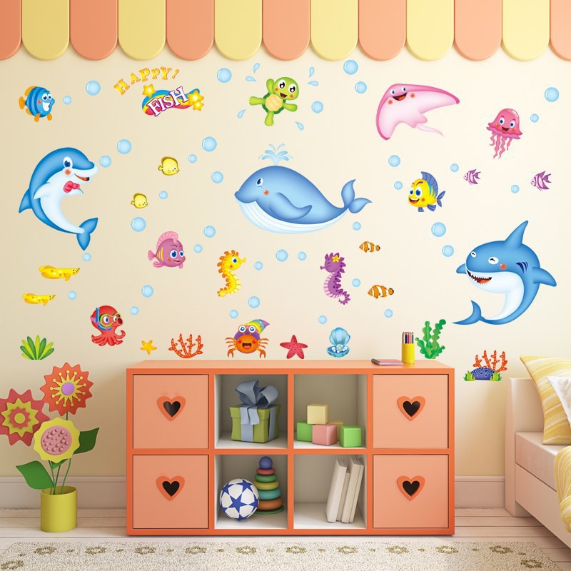 Decal dán tường cho bé trai - gái học các loài cá - động vật biển, tranh dán tường cho bé XL7159