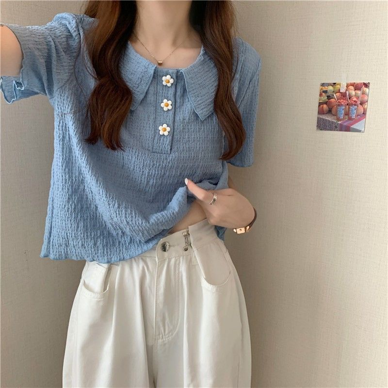 Áo Kiểu Ngắn Tay Đính Cúc Hình Hoa Phong Cách Hàn Quốc Dành Cho Nữ