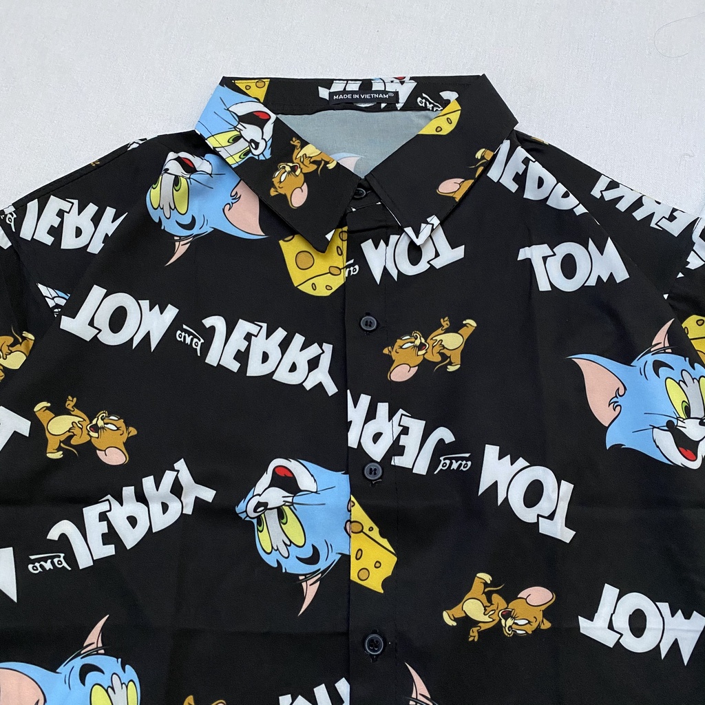 Áo sơ mi họa tiết tay lỡ TOM and JERRY màu TRẮNG/ ĐEN - Nam Nữ Unisex