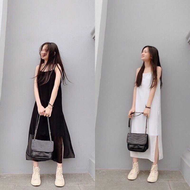 Đầm dáng suông xẻ tà🌸 Đầm 2s vạt xẻ basic SIÊU HOT 🌸 Váy 2 dây voan đen trắng 2 lớp