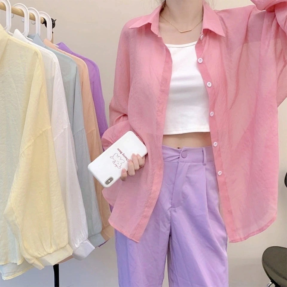 Áo Sơ Mi Chiffon Tay Dài Dáng Rộng Màu Trơn Xuyên Thấu Phong Cách Hàn Quốc Cho Nữ