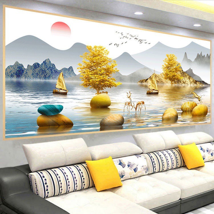 ❉✣Tranh trang trí phòng khách nền sofa treo tường sứ pha lê phong cách mới Trung Quốc hiện đại tối giản Bắc Âu khô