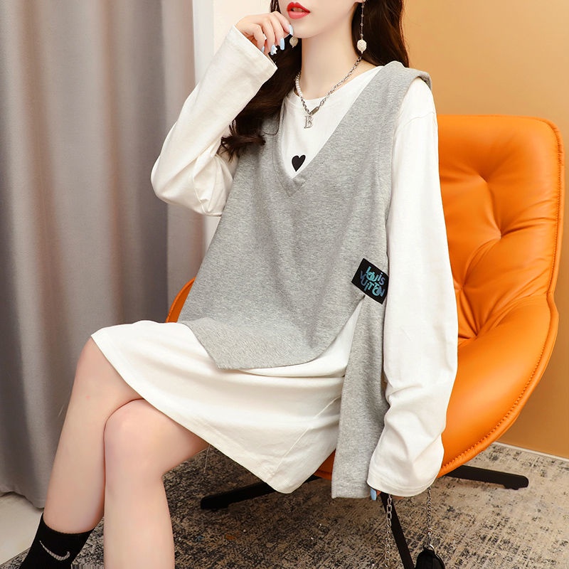 Set Áo Thun Tay Dài Xẻ Tà + Áo Khoác Sát Nách Form Rộng Thời Trang Trẻ Trung