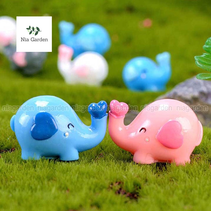 Trang trí tiểu cảnh chậu cây vườn mini mô hình chú voi hồng xanh Nia Garden N5