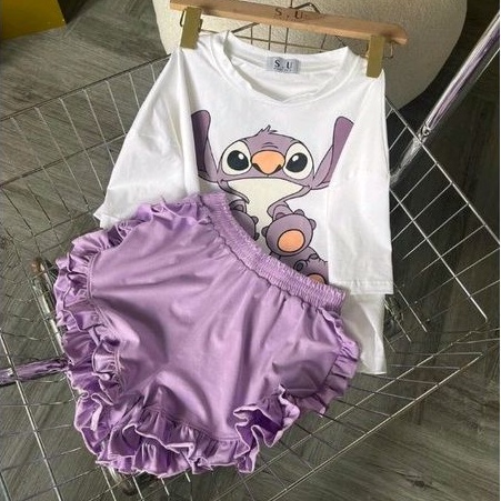 Sét bộ quần bèo TÍM kết hợp áo thun phôm rộng in hình PC