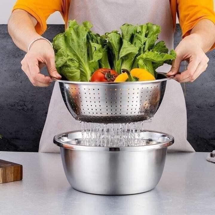 Bộ bào nạo rau củ kiêm rổ và chậu Inox Cao cấp đa năng ( SIZE 26CM )