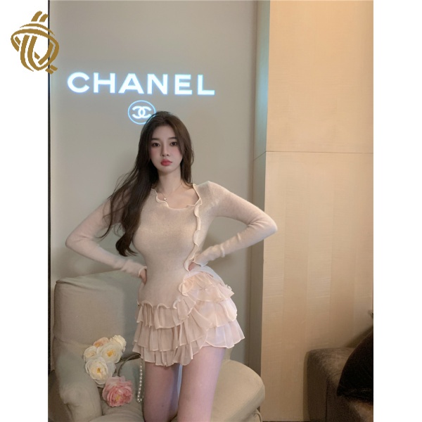 Bộ áo sweater phối bèo + chân váy lưng cao kiểu Hàn Quốc thời trang mùa thu mới cho nữ 2021