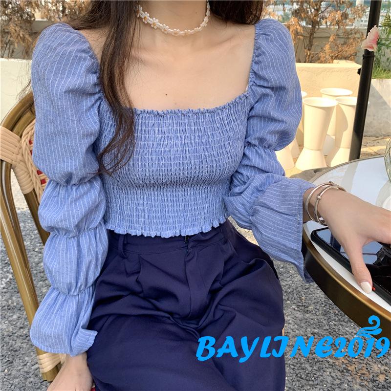 Áo Lửng Tay Dài Họa Tiết Sọc Thời Trang Quyến Rũ Cho Nữ