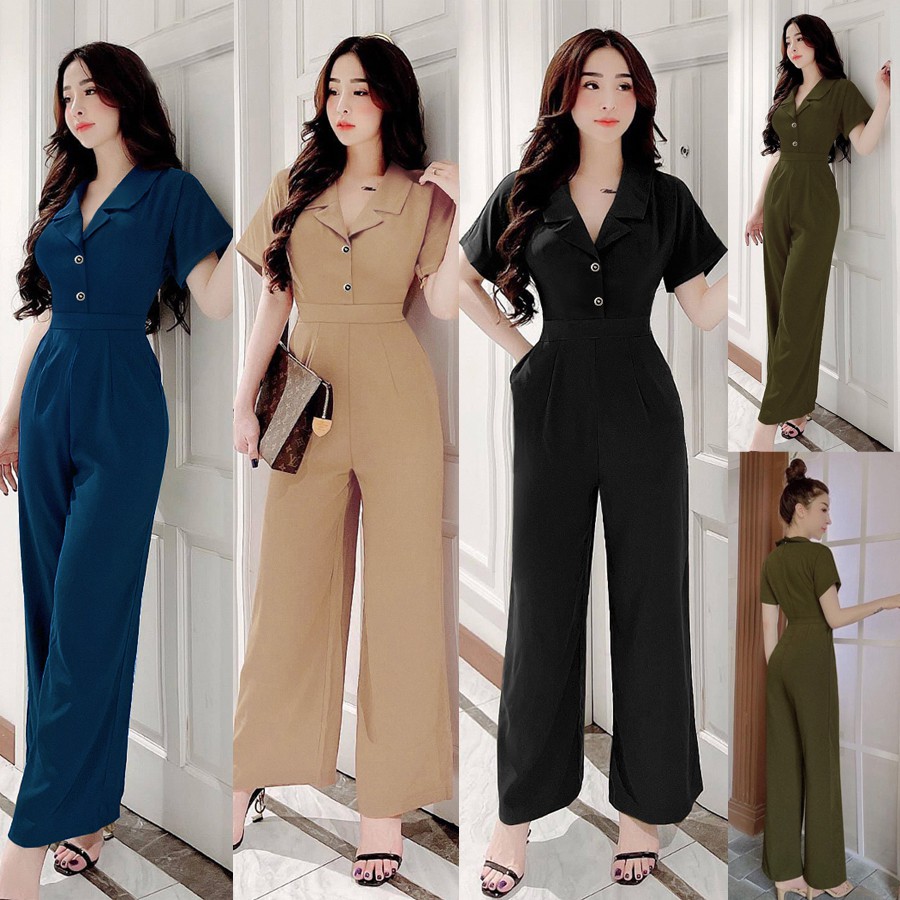 Jumpsuit Dài 💕FREESHIP💕 Jum dài ống suông cổ vest phối 2 nút dây kéo sau lưng xinh xắn TJ1118