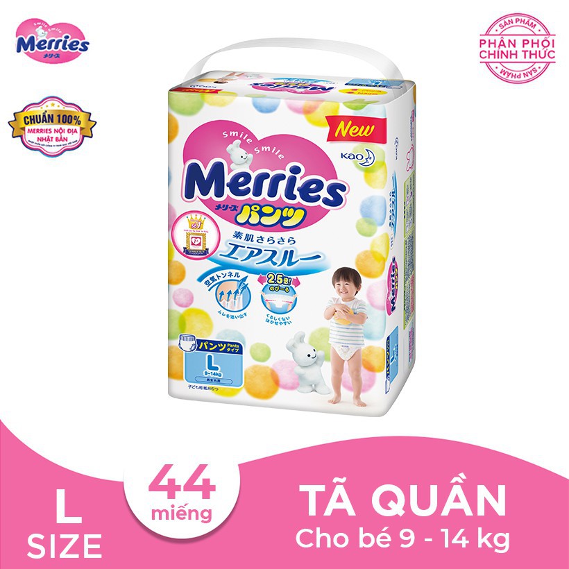 Tã/bỉm Quần Merries Nhật Bản size L - 44 miếng (Cho bé 9 - 14kg)