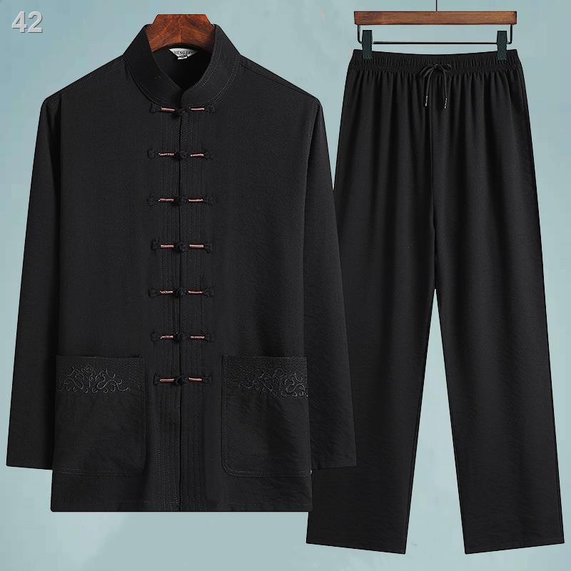 ZBộ đồ dài tay bằng vải cotton lụa cho người trung niên và cao tuổi ở Tang đồ, ông bố nam phong cách Quốc quần áo