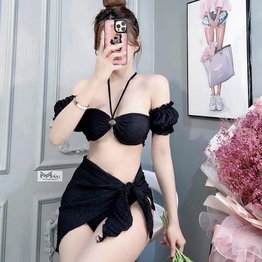 Set đồ bơi nữ 3 món bikini đi biển cổ khoen tròn tay phồng HATI