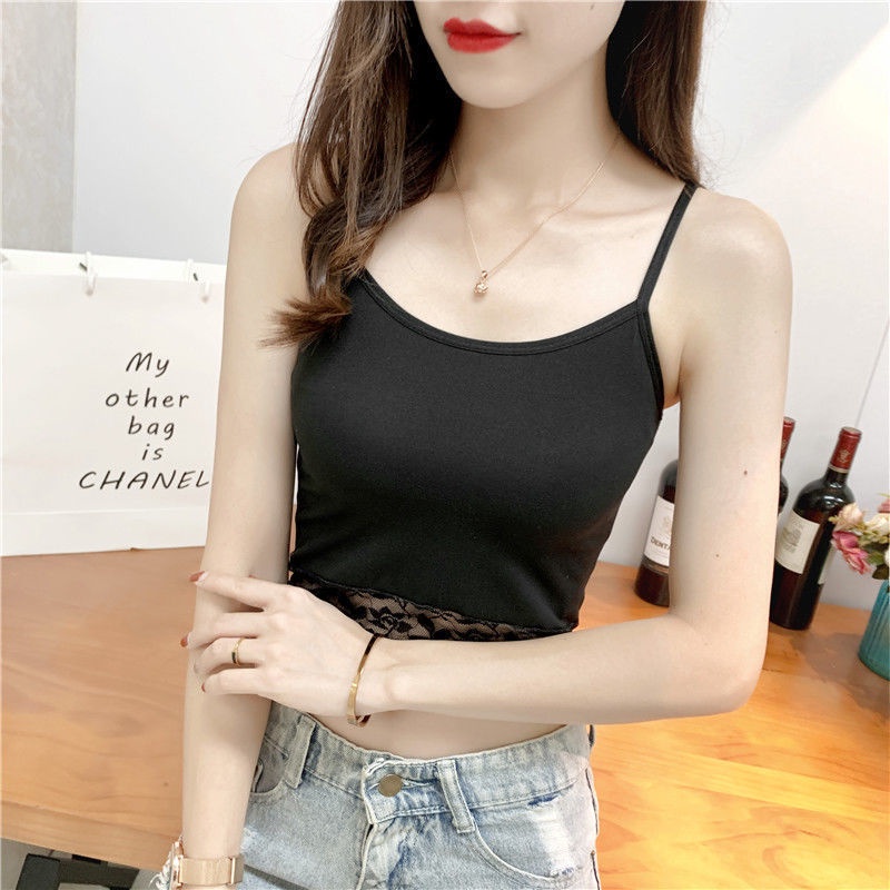 Áo Croptop Hai Dây Phối Ren Màu Trắng / Đen Thời Trang Quyến Rũ Cho Nữ