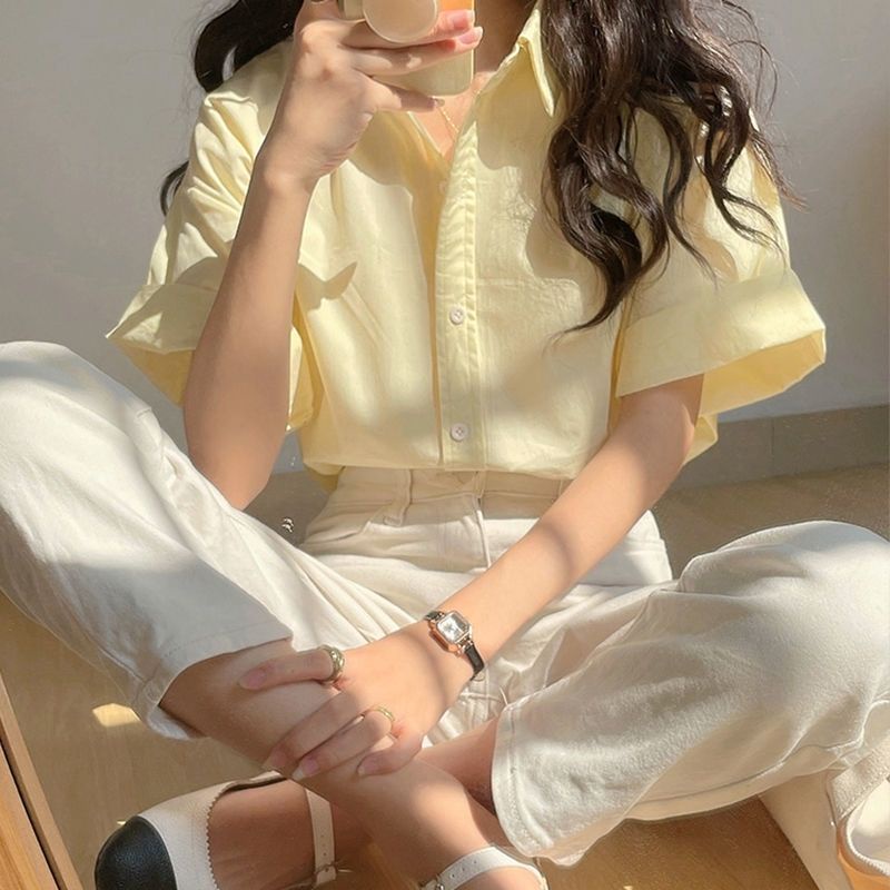 Áo Sơ Mi Tay Ngắn Phong Cách Pháp Màu Vàng Kem Thời Trang Mùa Hè Hàng Mới Dành Cho Bạn Nữ