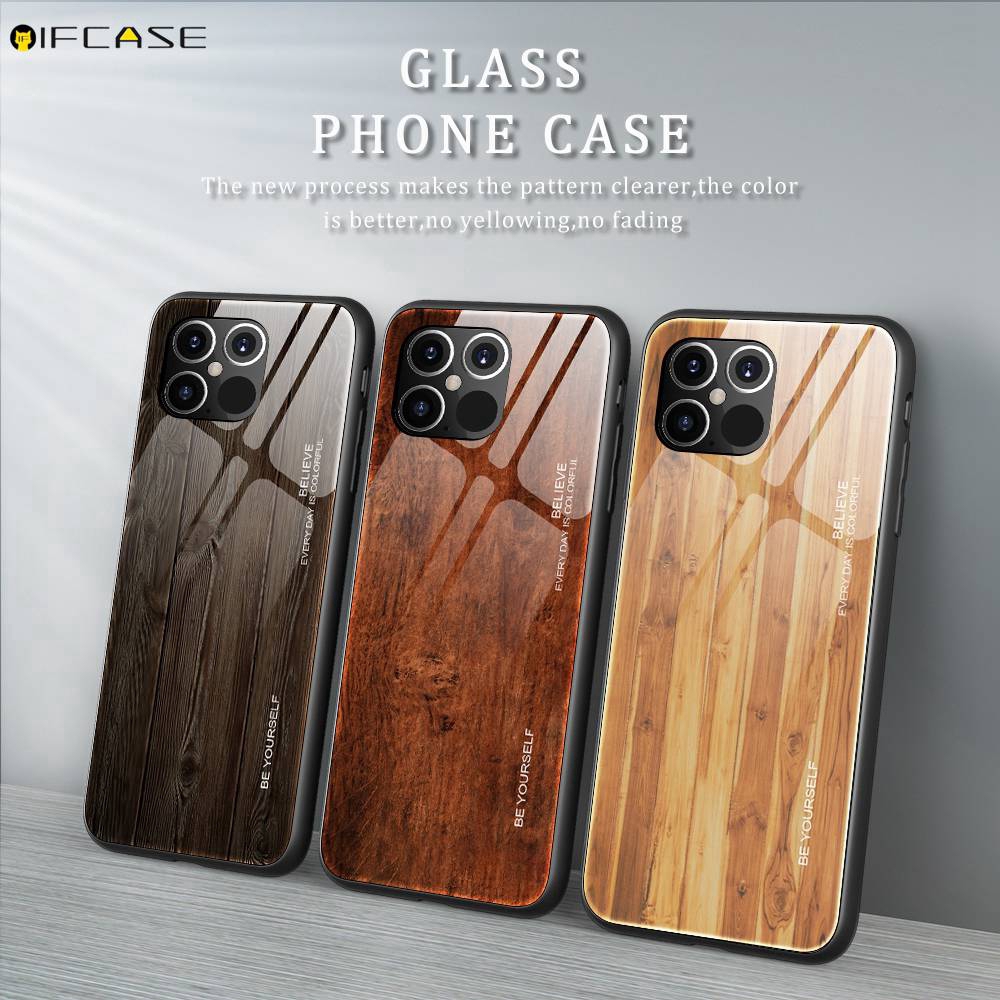 Ốp điện thoại hình vân gỗ kết hợp kính cường lực thích hợp cho iphone 11 Pro XS Max XR XS X