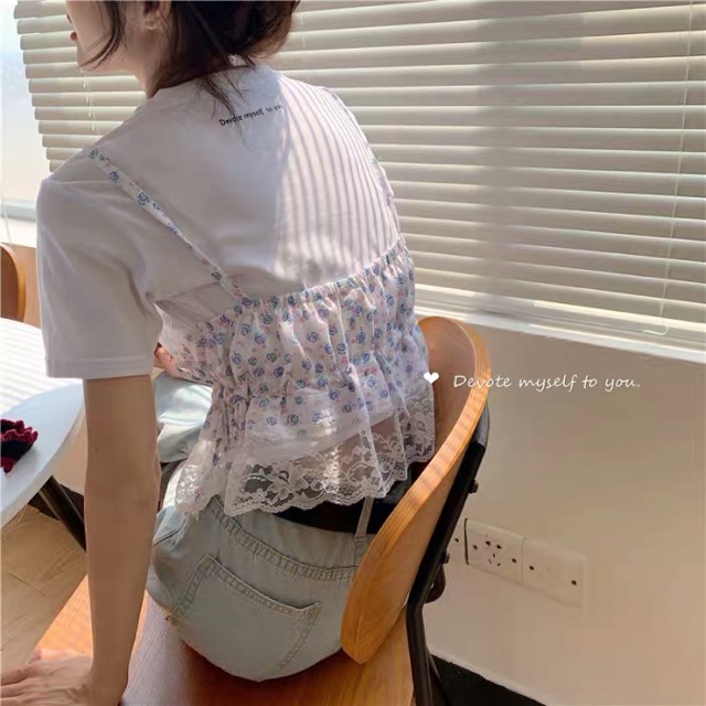 ⚜️ SET ÁO CROPTOP DÂY HOA VIỀN REN 🎀 KÈM ÁO THUN TRẮNG 🎀 PHONG CÁCH NĂNG ĐỘNG DỄ THƯƠNG
