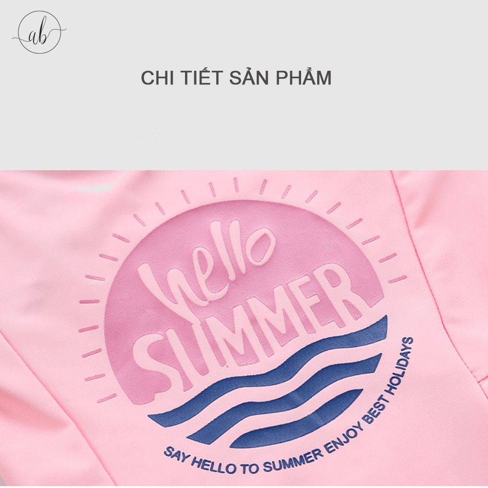 Đồ bơi bé gái áo ba lỗ, quần đùi, màu hồng Hello Summer  (5-12 tuổi) (20-35kg)