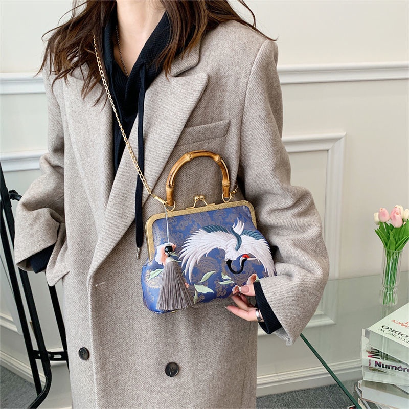 Túi Xách Nữ Thêu Họa Tiết Chim Hạc Phong Cách Trung Hoa Cổ Điển Mới 2021